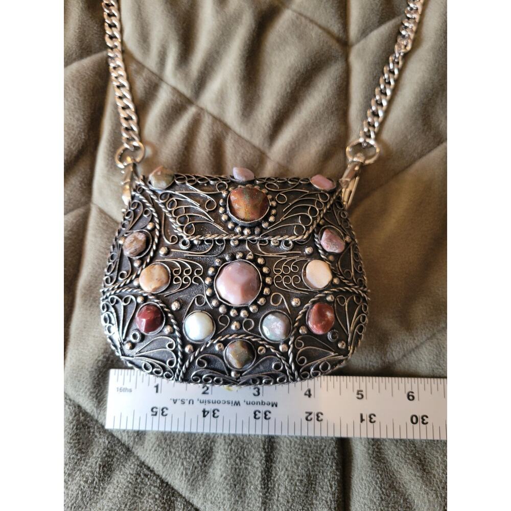 Vintage Sajai Metal Purse with Natural Agate Stones & Chain Strap - Picture 2 of 8